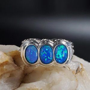 Sterling 925 Silver Ring Natural Blue Opal Stone Unique Classic Setting